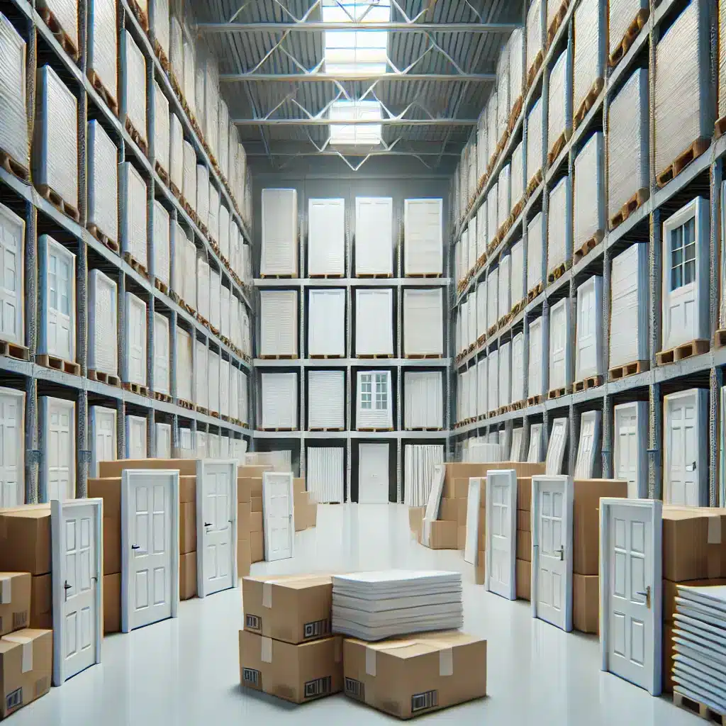 DALL·E 2024-08-01 14.02.41 - A highly realistic scene showing a warehouse filled with many white doors, most of which are in boxes. A few doors are out of the boxes, and all doors